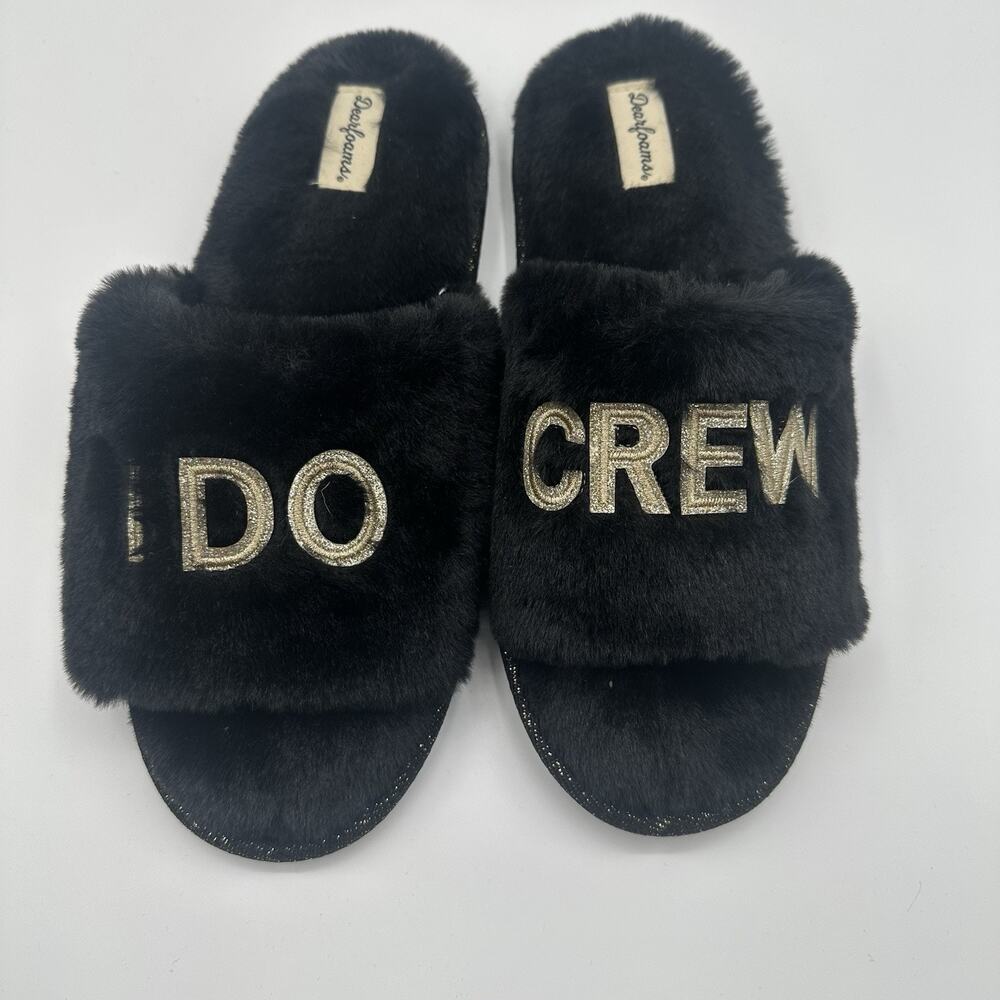 Dearfoams "I Do Crew" Black Fuzzy Comfy Slippers Large 9-10 Open Toe/Wedding